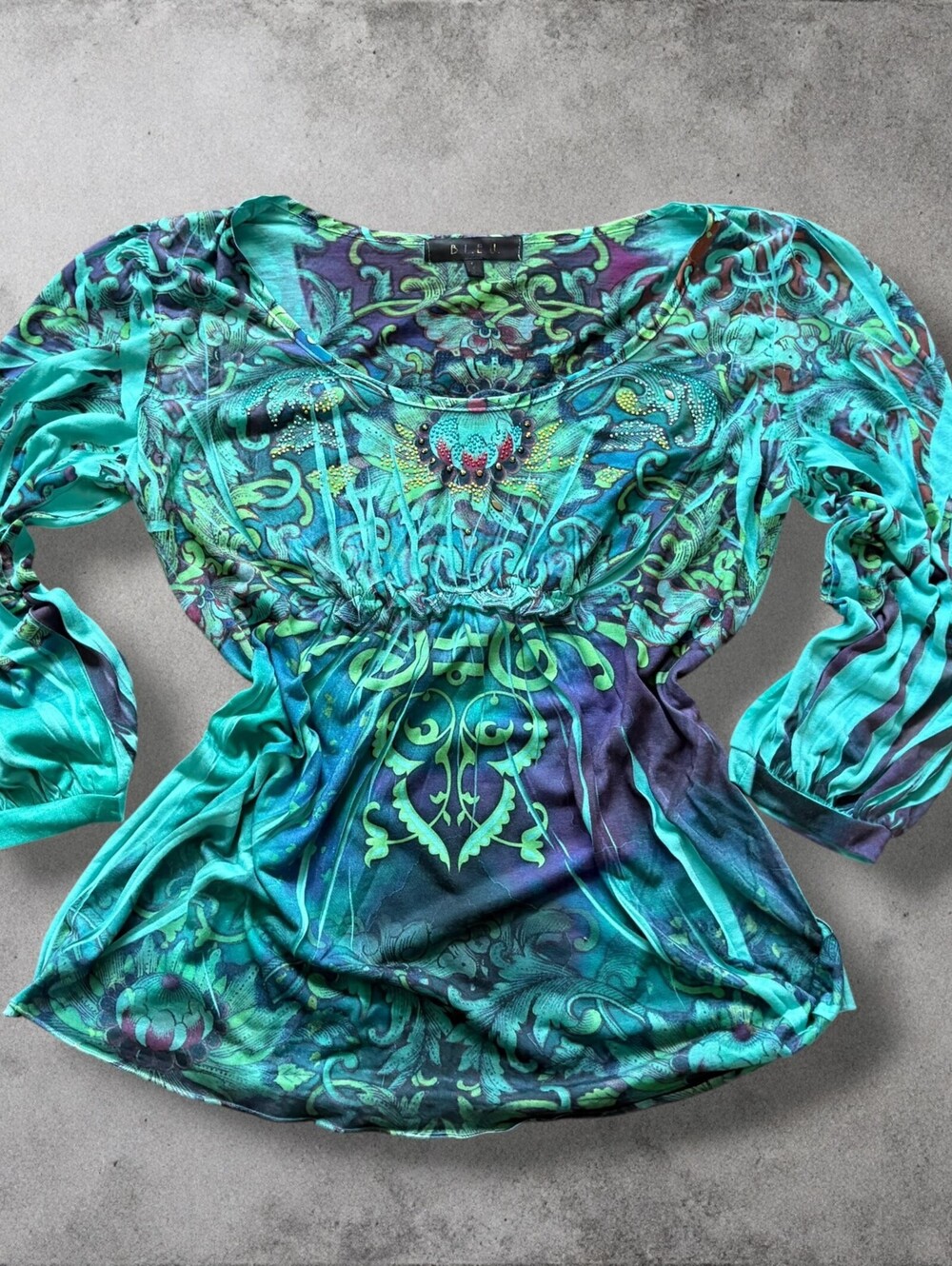 Y2K Fairy Longsleeve Top B.L.E.U. Paisley Print Rhinestone McBling Shirt Small
